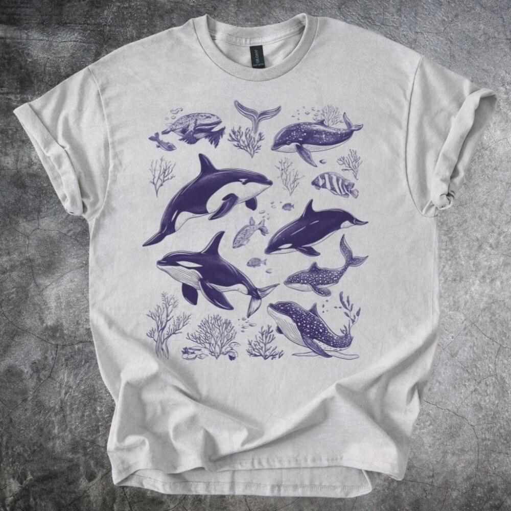 Whales Dolphins Shirt Ocean Scene Illustration Tshirt Cotton Crewneck Gray